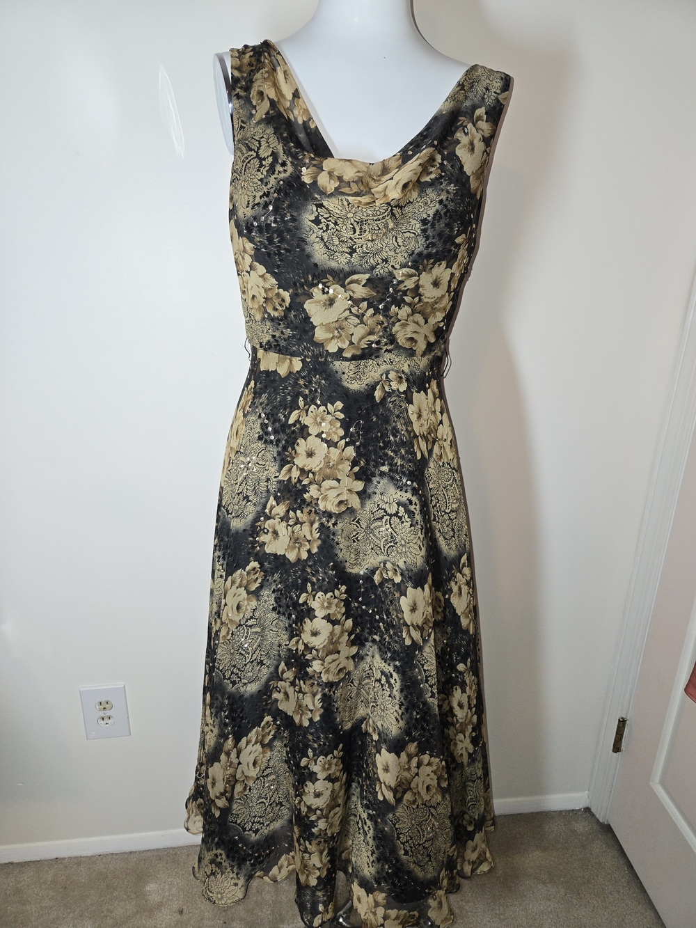 Black & Gold Floral Midi Dress with Cowl Neck